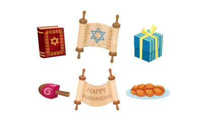 Happy Hanukkah Symbols Vector Set. Jewish Traditional Celebration Attributes