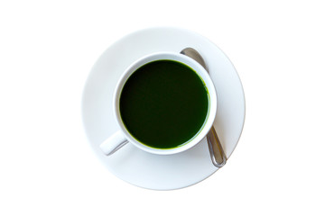 hot matcha green tea in white ceramic cup on white background. Healty beverages of japan for reduce sugar in blood.