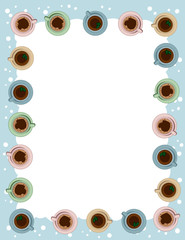 Tea and coffee cups postcard template in pastel colors. Morning cafe or restaurant breakfast. Letter format vector banner with place for your text. Cozy boho poster candles ornament