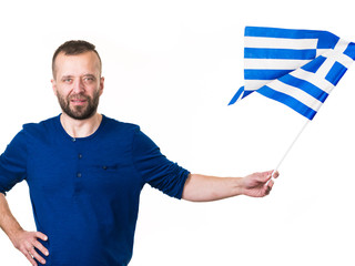 Man with greek waving flag, on white