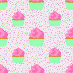 seamless pattern with cupcakes and confetti