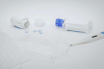 Novel coronavirus 2019-nCoV, MERS-Cov middle East respiratory syndrome. Protective medical mask and medicines, pills against the virus. Wuhan pneumonia virus, Dangerous Chinese Novel virus COVID-19,