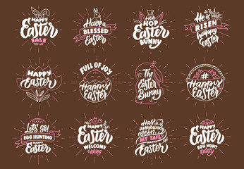 Set of vintage Happy Easter phrases. Emblems, badges, templates, stickers on brown background with rays