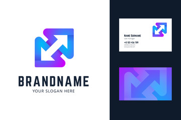 Logo and business card template with two arrows. Vector illlustration in modern gradient, origami style.