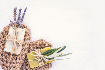 Two pieces of soap and washcloth. 