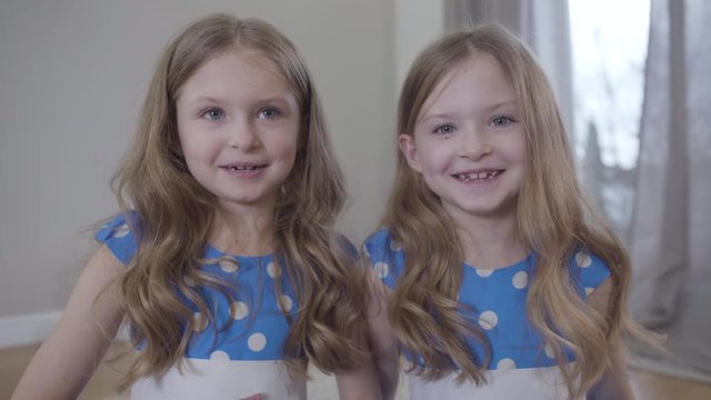 Close-up portrait of two cute Caucasian sisters waving at camera. talking and smiling. Front view of cheerful little twins having video chat. Joy, lifestyle, beauty.