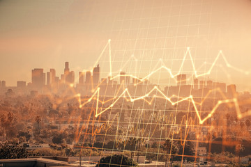 Forex chart on cityscape with skyscrapers wallpaper multi exposure. Financial research concept.