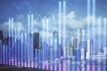 Naklejka na ściany i meble Forex chart on cityscape with skyscrapers wallpaper multi exposure. Financial research concept.