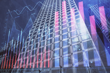 Forex chart on cityscape with tall buildings background multi exposure. Financial research concept.