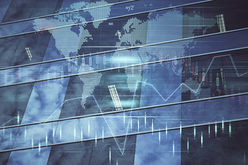 Forex chart on cityscape with tall buildings background multi exposure. Financial research concept.
