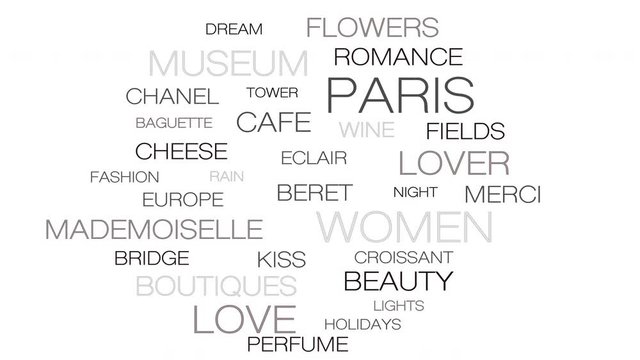 Paris sights moving animation, french grey mood loop and seamless travel word cloud. Main french words in english language - romantic and nice symbols of capital of France.
