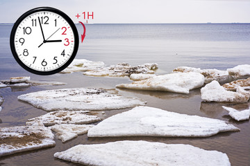Daylight Saving Time (DST). Blue sky with white clouds and clock. Turn time forward (+1h).