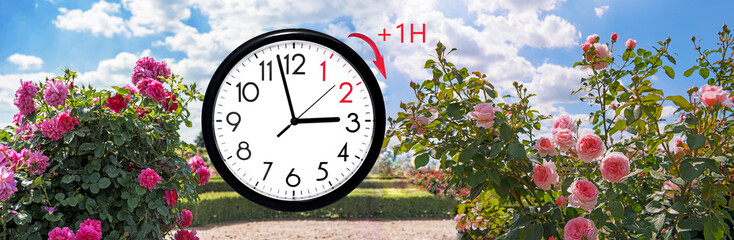 Daylight Saving Time (DST). Blue sky with white clouds and clock. Turn time forward (+1h).