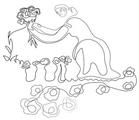 One continuous line drawing of woman holding a bouquet of flower in thhe garden. Simple line art drawing of woman holding a bouquet of flower in thhe garden.