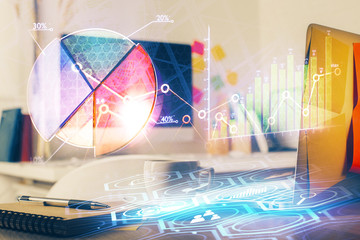 Multi exposure of forex chart and work space with computer. Concept of international online trading.