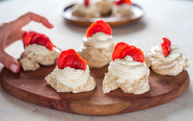 Pavlova dessert, the meringue with strawberries