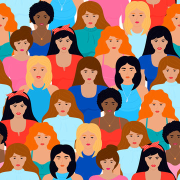 Group of girls of different nationalities seamless pattern. International Women's Day. Power, fight, protest, strength, rights concept