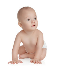 Cute little baby in diaper on white background