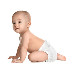 Cute little baby in diaper on white background