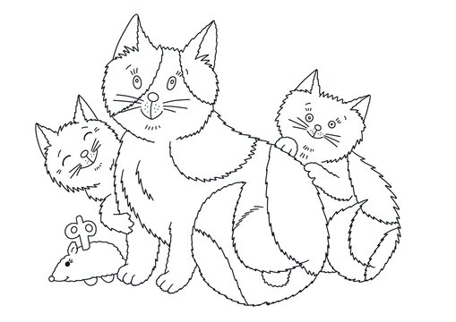 Cat with kittens. Coloring. Digital black and white illustration. Cute illustration for the decor and design of posters, postcards, prints, stickers, invitations, textiles and stationery.