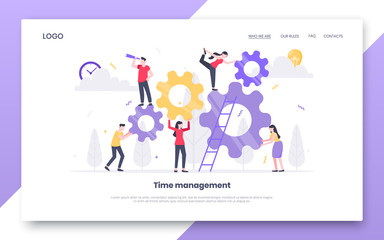 Obraz na płótnie Canvas Business internet landing page concept template. Teamwork concept with tiny people characters working together with big gears cog wheels flat style design vector illustration isolated white background