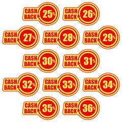 Cashback twenty five - thirty six percent, icon set. Concept for sticker, tag, label, infographic element. Vector illustration.