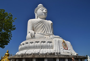 The big white marble Buddha statue in Phuket, Thailand.