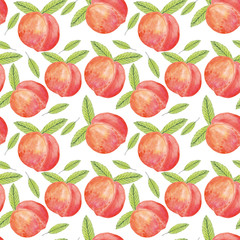 peaches and leaves watercolor seamless pattern. Background for design postcard, poster