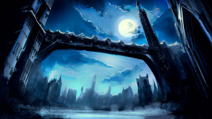 A beautiful fantasy winter city with Gothic towers and a long bridge, in a dynamic perspective, against the background of the night sky with a full moon and beautiful clouds. 2D illustration.