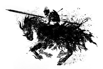 The silhouette of  sinister skeleton knight in a Royal crown, with a shield on his back and lance in front, riding a demonic horse rushing into battle. The drawing consists of blotches and smears. 2D. © warmtail