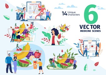 Obraz premium Healthy Nutrition and Dieting, Therapeutic Fasting for Weight Loss, Ration from Natural Food Trendy Flat Vector Scenes Set. Nutritionist, Fat People, Family Members Bowl with Fruits Illustrations
