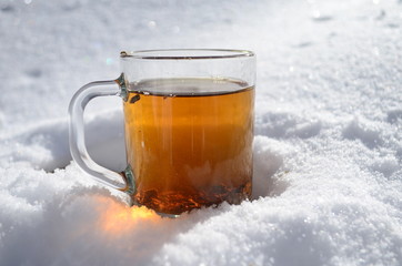 Glass Tea Cup In Snow in Morning Winter Mood Christmas