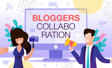 Male and Female Social Media Network Blogger Vlogger Collaboration. Interview, Podcast, Sharing Ideas, Video Recording for Common Channel. Co-Marketing Strategy and Online Partnership Campaign