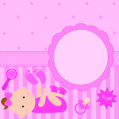 Baby birth card vector flat illustration. Cute newborn kids girl.