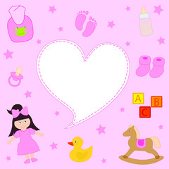 Baby birth card vector flat illustration. Cute newborn kids girl.