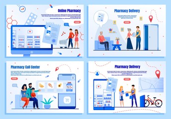 Fototapeta na wymiar Pharmacy Online Shopping and Delivery Services Trendy Flat Vector Web Banners, Landing Pages Templates Set. Deliveryman Giving Orders to Clients, People Purchasing Medicines in Internet Illustration