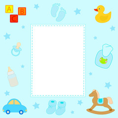 Baby birth card vector illustration flat. Cute newborn kids boy