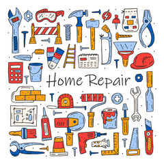 Home repair tools, instruments cartoon cute hand drawn doodle vector clipart, set, illustration, elements, stickers, icons. Funny colorful design. Isolated on white background. Packaging paper. 