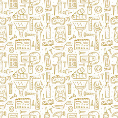 Home repair tools, instruments cartoon cute hand drawn doodle vector seamless pattern, texture, backdrop. Funny monochrome design. Isolated on white background. Building decorative design elements.  