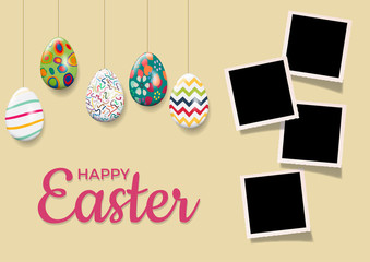 Easter background with eggs and photos, blank frames. Vector template with pictures to insert