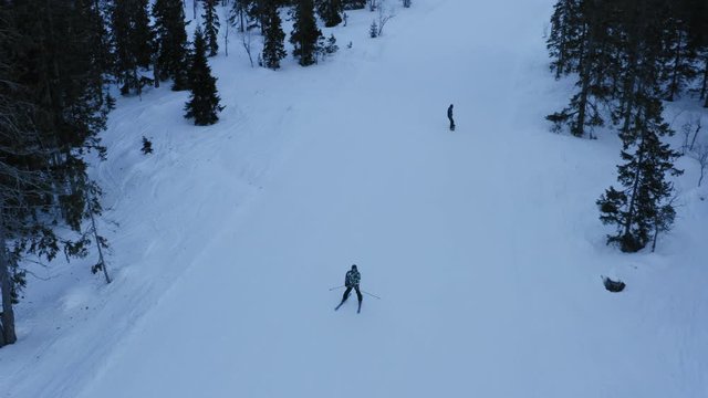 skiers on the piste among white snow pine trees Norway Trysil