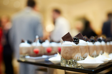 Desserts with raspberries, chocolate and blackberries for banquets, corporate parties, retreats