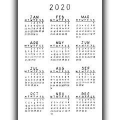 Hand drawn Calendar Template for 2020 Year. Good for education or business.