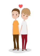 Cute boy couple holding hands. Two young boys have smiles and love. Vector illustration.
