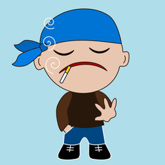 emoticon with tough guy in bandana that is smoking a cigarette & living his life like a thug, simplistic vector emoji in color, funny cartoon character from a set