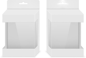 Paper white packaging box with transparent window and hanging hole. Blank product package template. Vector illustration.