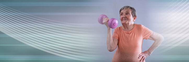 Happy elderly woman doing physical exercices; panoramic banner
