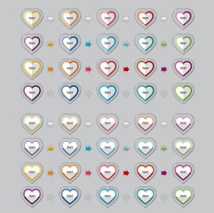 Heart shape icons for writing text.Button icons for various colors for writing.Diagram icons in different colors.Icon for jelly and transparent border feeling.