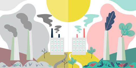 Carbon neutral. Plant, factory with industrial smog and without dirty polluting, comparison. Concept Sustainable fashion, ethical fashion, Carbon neutral. Can used in print or poster design, websites