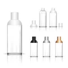 Cosmetic transparent bottle. Liquid container for gel, lotion, cream, shampoo, bath foam. Beauty product package. Vector illustration.